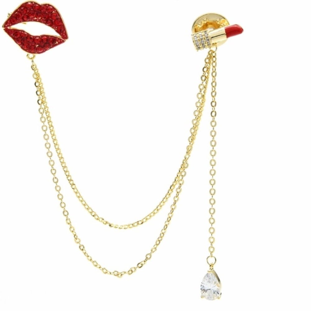 Chain Mouth And Lipstick Brooches Women Men Czech Rhinestone Rouge